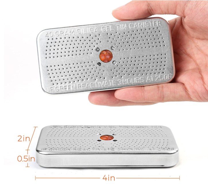 40g Reusable Indicating Silica Gel Tin for Toolboxes, Gun Safes & Coins